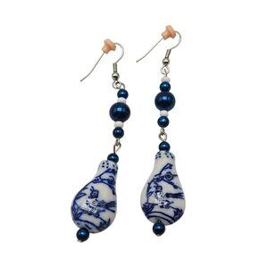 Blue White Bird Asian Ceramic Glass Dangle Drop Earrings Silver Tone Vintage